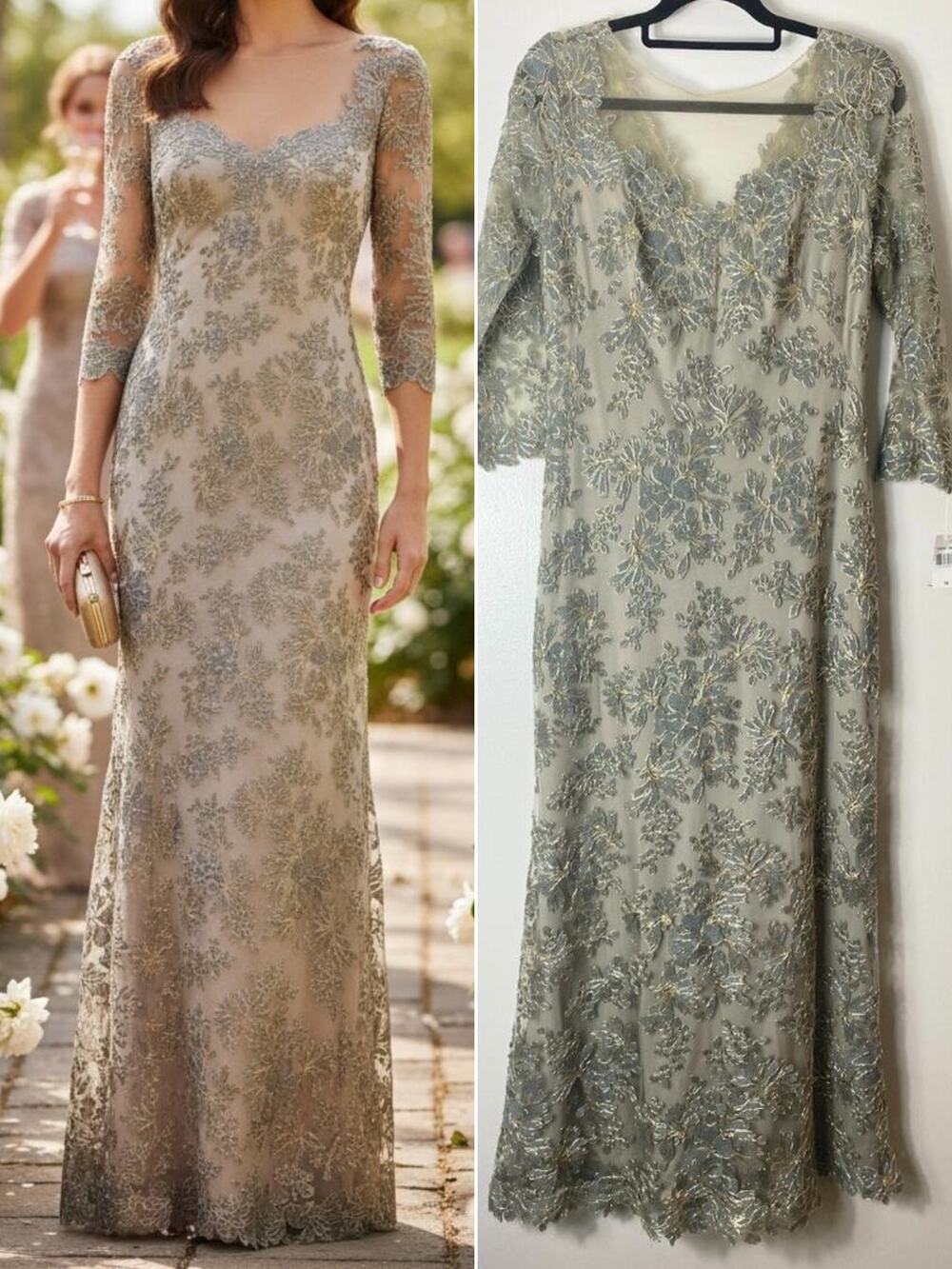 Tadashi Shoji Dress Nude Gray Gold Embroidered Floral Mother of Bride Long Maxi